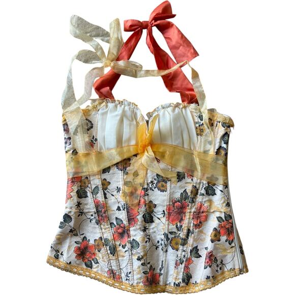 Vintage Handmade Floral Halter Lace-Up Corset Top with Ribbon Ties small - Picture 6 of 16